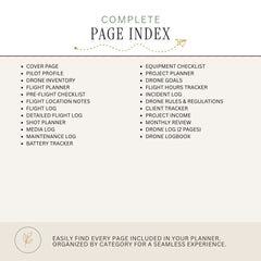 A digital preview of a 'Complete Page Index' for a drone project planner, showing a comprehensive list of included pages organized in two columns on a light beige background.