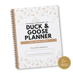 A spiral-bound 'Duck & Goose Planner' for waterfowl management, featuring a white cover decorated with a light pink and beige duck pattern, bold black text, and a gold seal indicating 15+ pages.