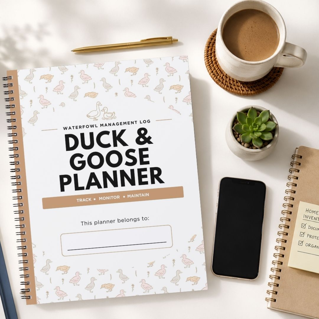 A spiral-bound planner titled 'Duck & Goose Planner' lies on a white surface, surrounded by a coffee cup, pen, small succulent, smartphone, and another notebook. The planner cover is white with a subtle duck and goose pattern and large black title text.