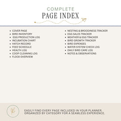 A page index overview graphic for a planner, showing a list of included pages such as cover page, bird inventory, incubation chart, hatch record, feed schedule, health log, coop cleaning log, nesting & broodiness tracker, egg sales tracker, weather & egg tracker, bird growth tracker, bird expenses, water system check log, daily bird care log, and notes & observations on a light beige background.