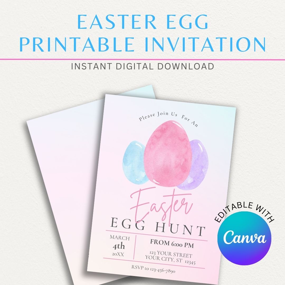 Easter Watercolor Egg Printable Invitation featuring pastel-colored eggs and elegant spring design.
