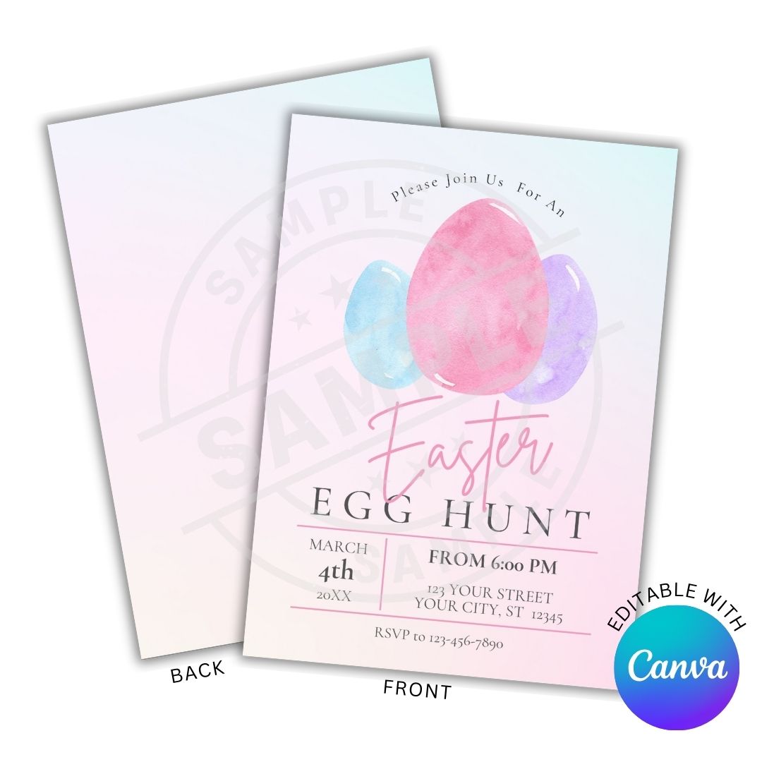 Easter egg hunt invitation card with watercolor eggs and Canva branding.