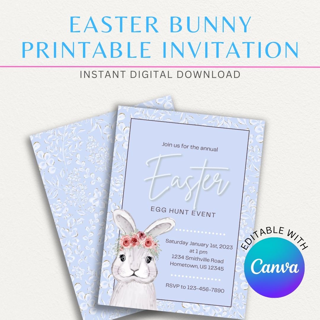 Easter Bunny with Flower Printable Invitation Template featuring a cute bunny surrounded by spring flowers, perfect for Easter celebrations and spring parties.

