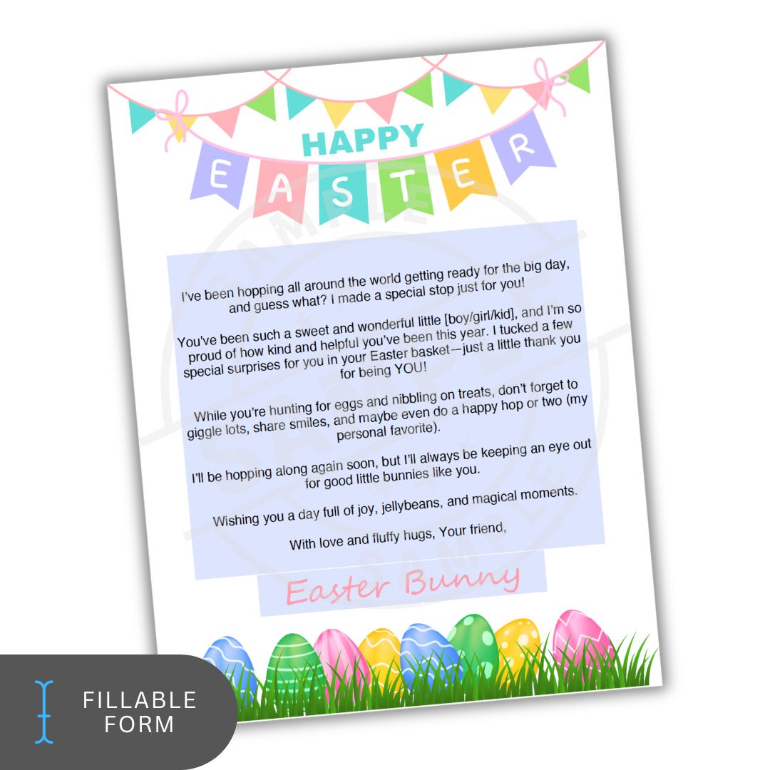 Happy Easter letter from the Easter Bunny with colorful eggs and grass at the bottom on a white background.