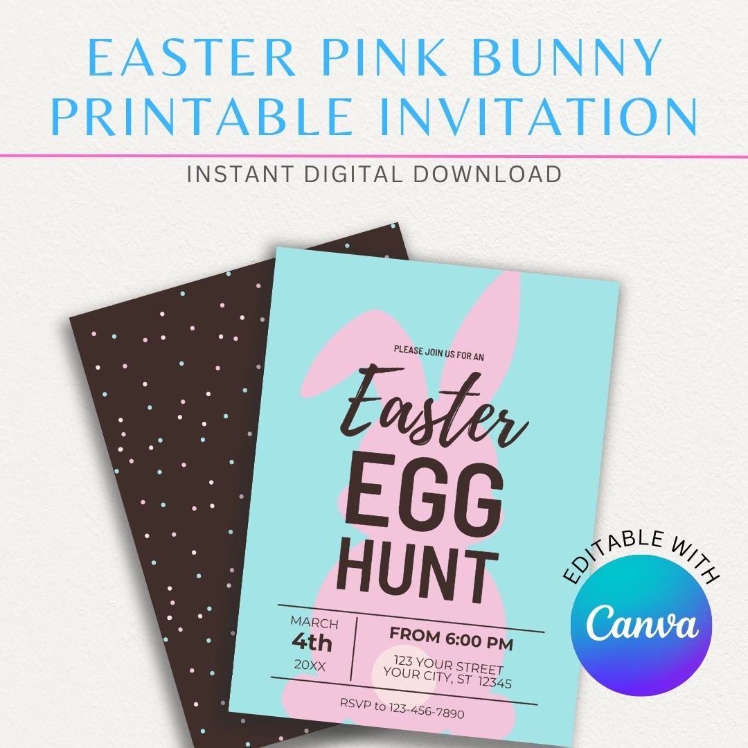 Easter Pink Bunny Printable Invitation Template featuring an adorable pink bunny and pastel springtime elements, perfect for Easter parties and spring celebrations.

