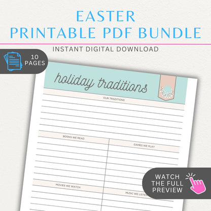 Easter planner printable template bundle with meal planner, egg hunt organizer, and decorations tracker.

