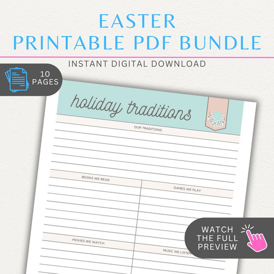 Easter planner printable template bundle with meal planner, egg hunt organizer, and decorations tracker.

