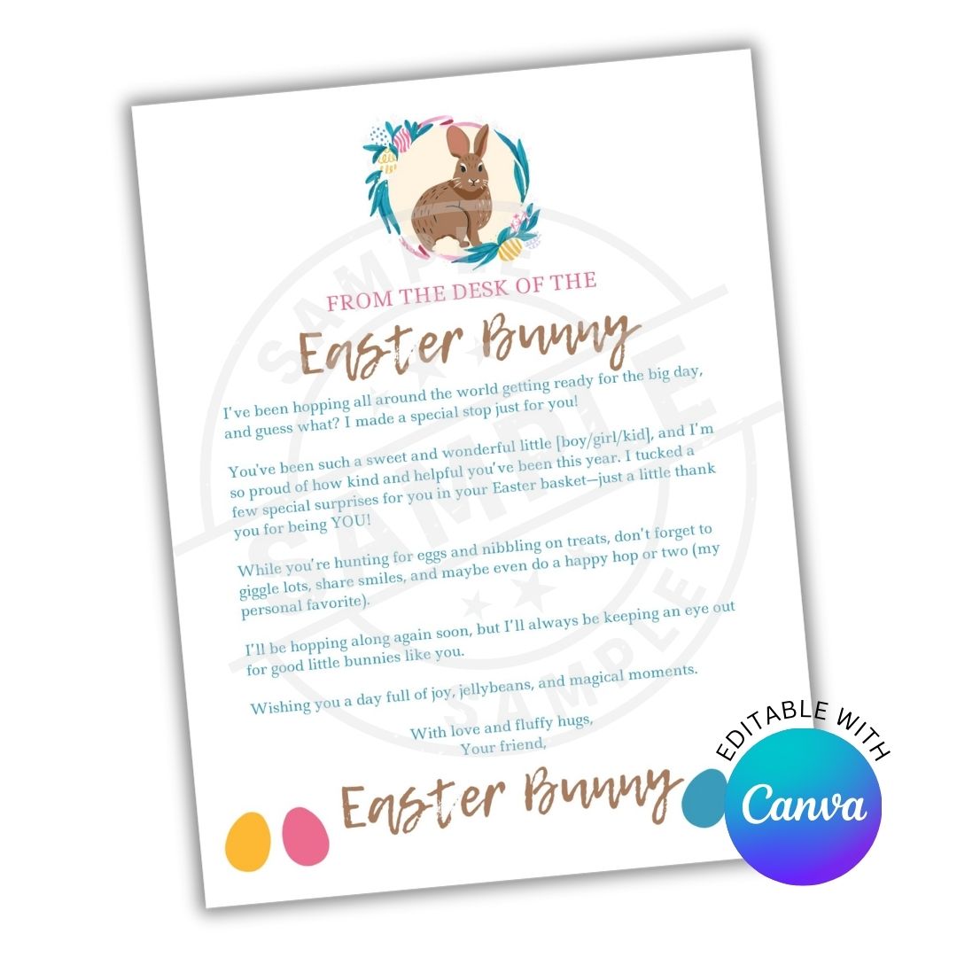Letter from the Easter Bunny with colorful eggs and Canva logo.