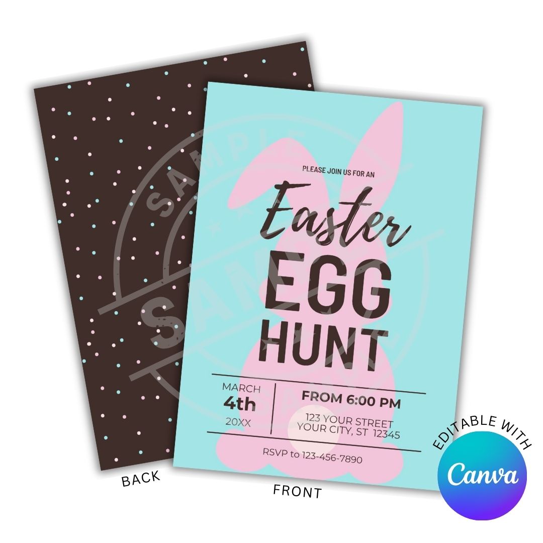 Easter egg hunt invitation card with pink bunny ears on a light blue background, featuring Canva branding.
