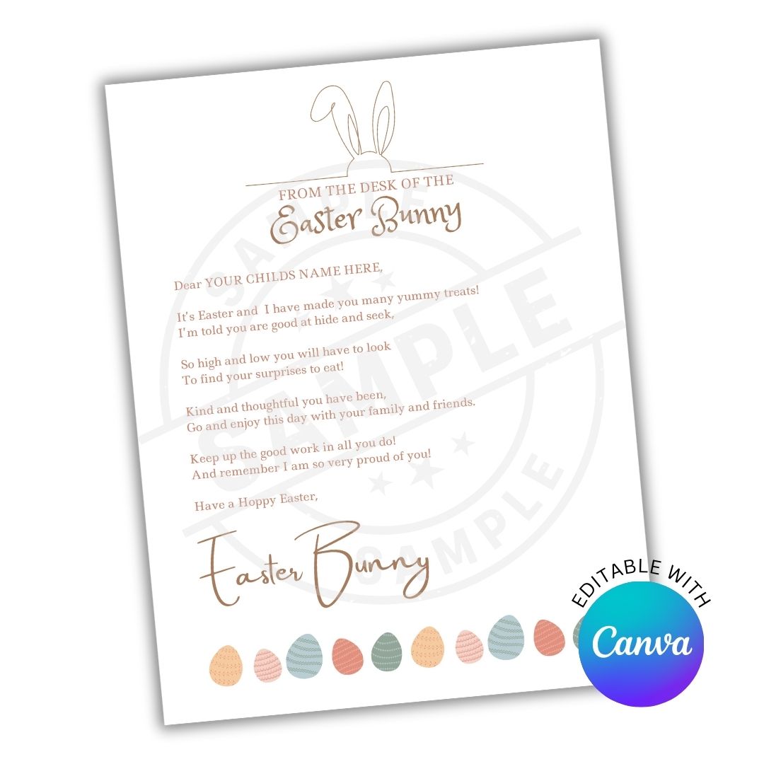 Letter from the Easter Bunny with customizable name, featuring colorful eggs at the bottom on a white background.