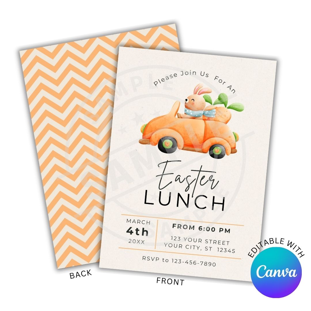 Easter lunch invitation with a bunny in a car and chevron pattern on the back