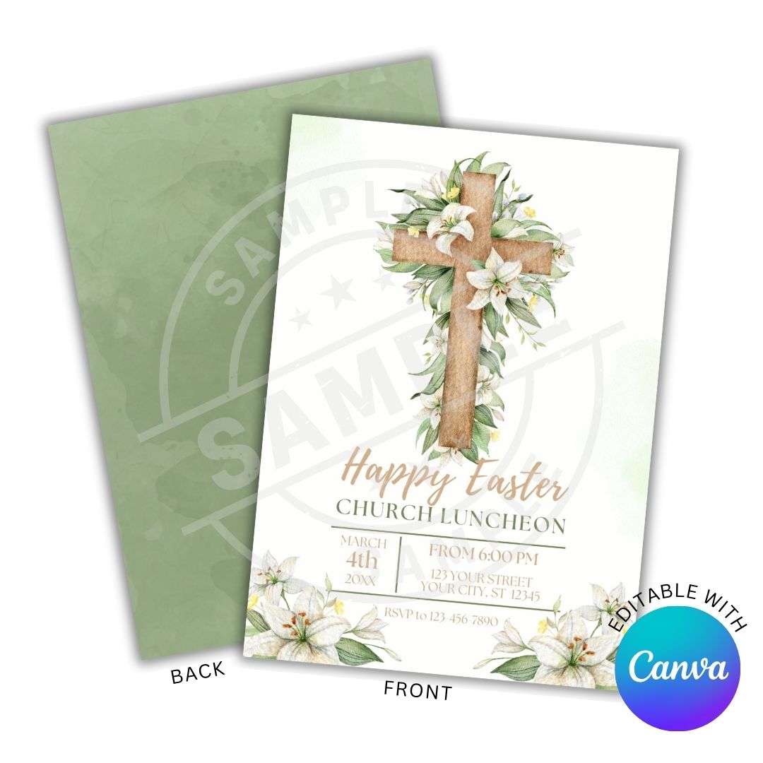 Easter church luncheon invitation with cross and flowers, featuring Canva logo.