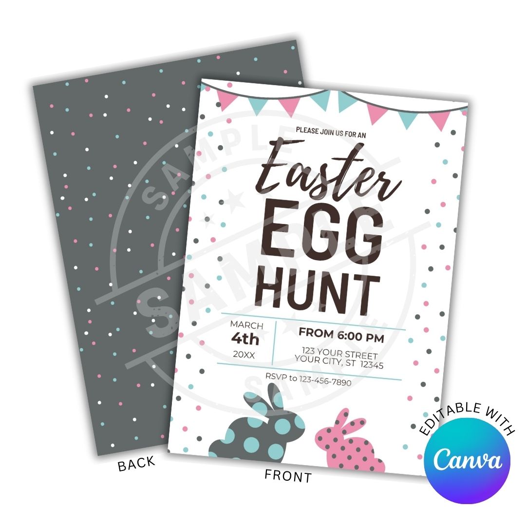Easter egg hunt invitation with bunnies on a white background, Canva logo visible