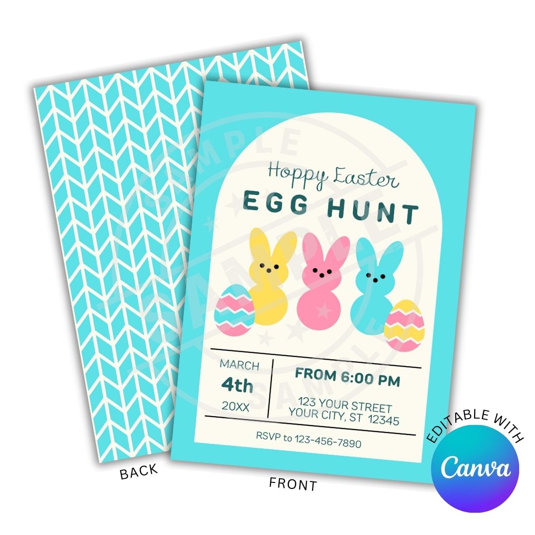 Easter egg hunt invitation with colorful bunnies and eggs on a turquoise background, featuring Canva branding.
