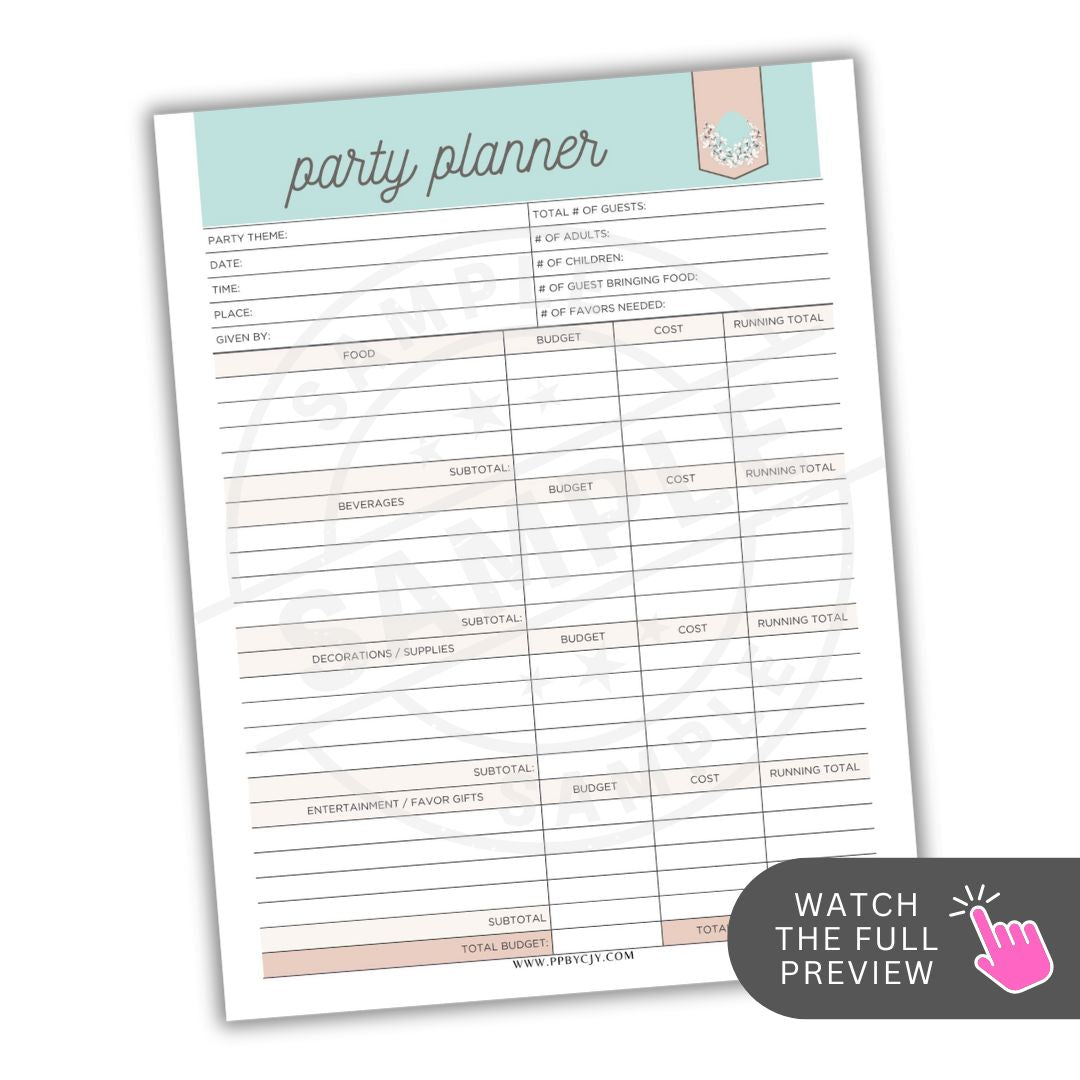 Party planner checklist with a light blue header on a white background