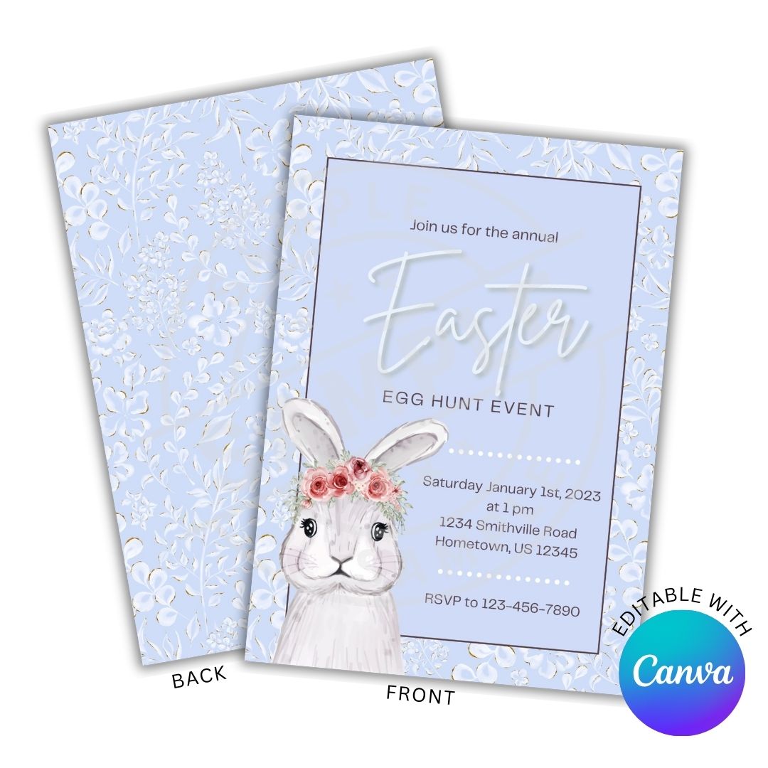 Easter egg hunt event invitation with a rabbit illustration on a light blue floral patterned card.