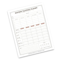 A printed 'eggnog Tasting Flight' sheet with structured columns for scores and notes, shown on a clean white background. The sheet includes sections for judges, scores, notes, ratings, and a small logo area.