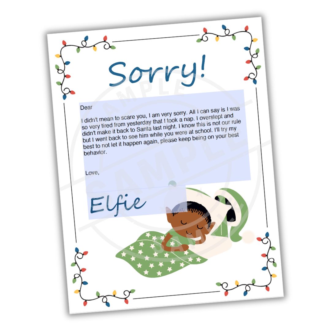 Letter from an elf apologizing with a child-like illustration on a white background