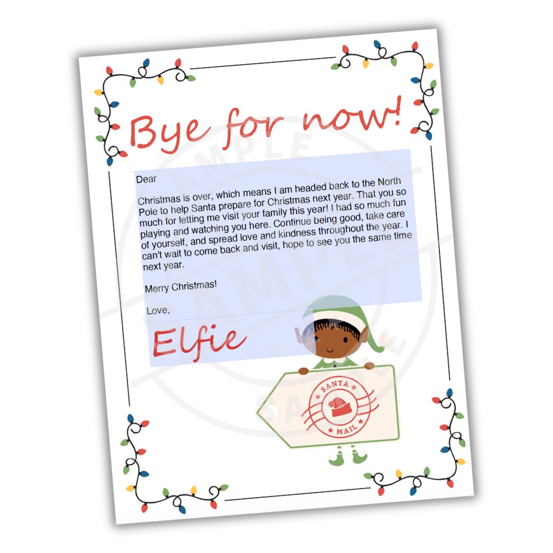 Letter from an elf with Christmas lights border on a white background