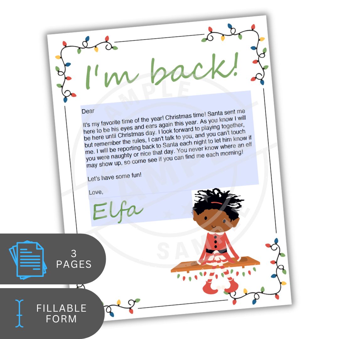 Letter from Elf on the Shelf with colorful lights and text on a white background