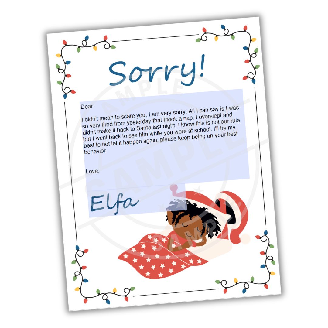 Letter with a child's apology and a cartoon character, framed with Christmas lights.