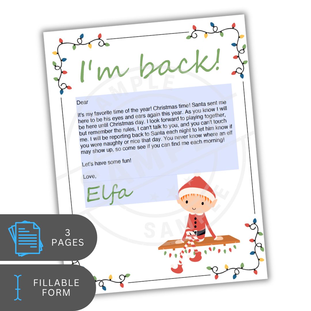 Letter from an elf with Christmas lights and a child's drawing on a white background