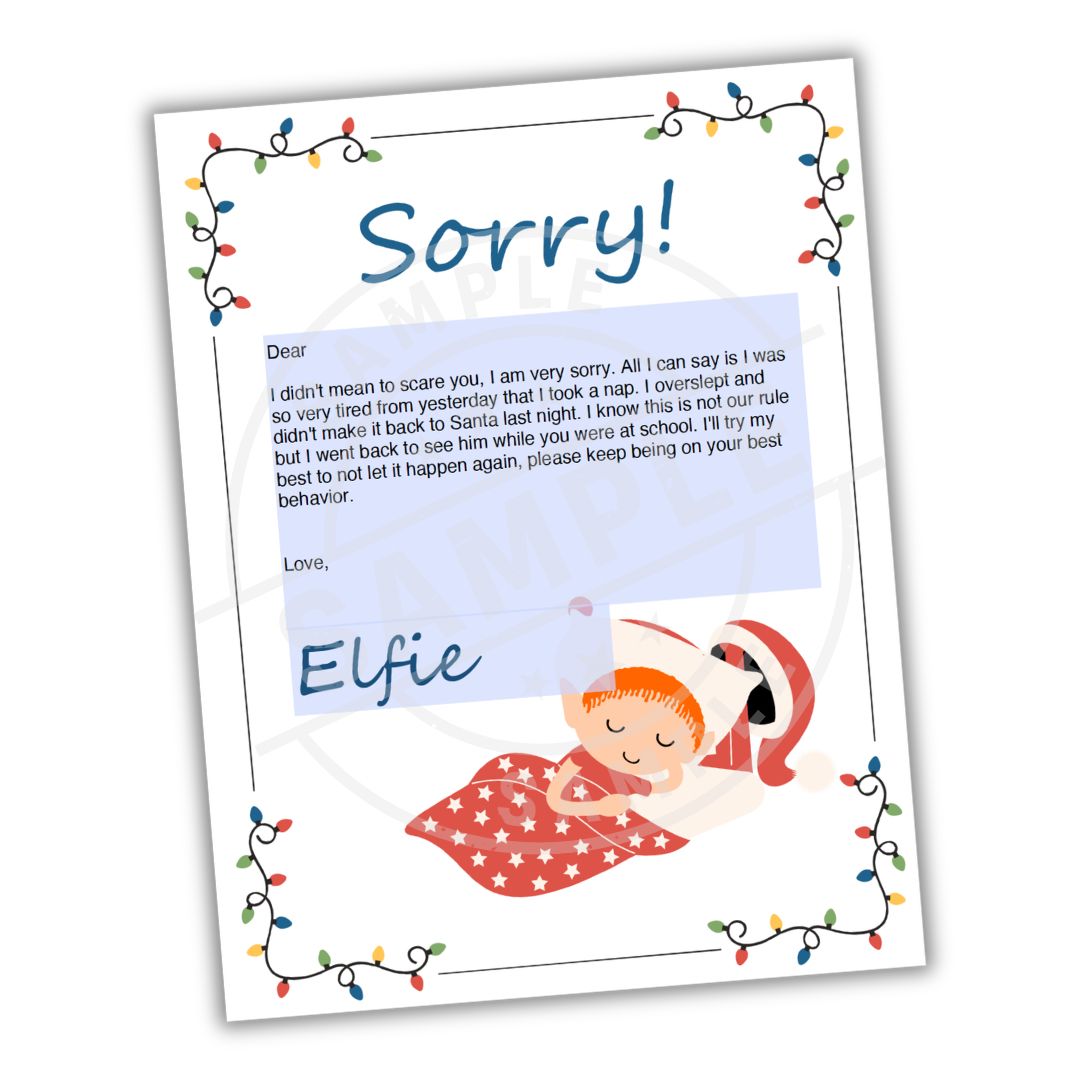 Letter from an elf apologizing with a colorful border and text.