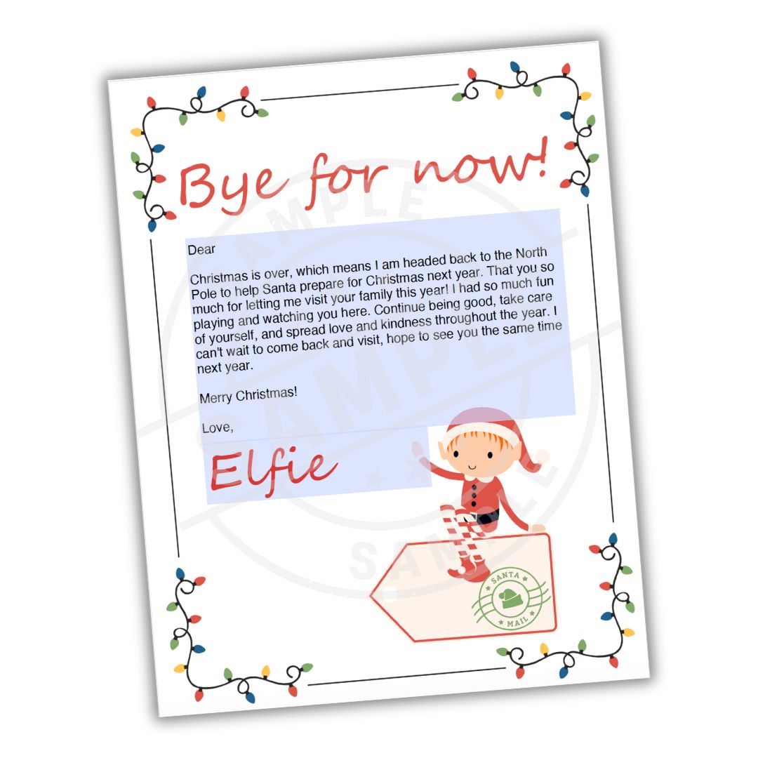 Letter from an elf with Christmas lights and a small elf illustration on a white background