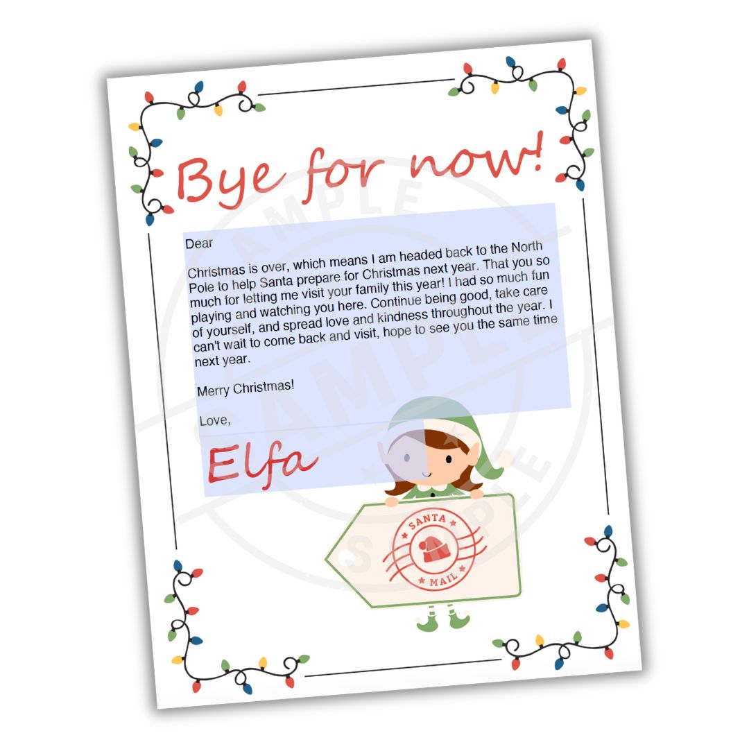 Letter from Elfa with Christmas lights border on a white background