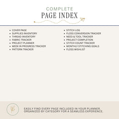 A digital preview of a 'Complete Page Index' for a sewing or crafting planner, showing a list of included pages such as a cover page, stitch log, and pattern tracker on a light beige background.