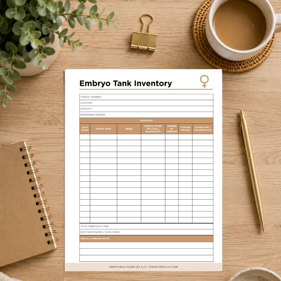 A printed 'Embryo Tank Inventory' planner page laid on a wooden desk, surrounded by a coffee cup, binder clip, notebook, pen, and plant. The page has a white background with black text, gray grid lines, and tan header accents.