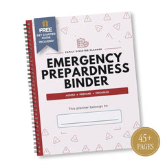 Emergency Preparedness Binder spiral planner with a white cover, red binding, and black text, shown on a white background with a gold '45+ Pages' badge.