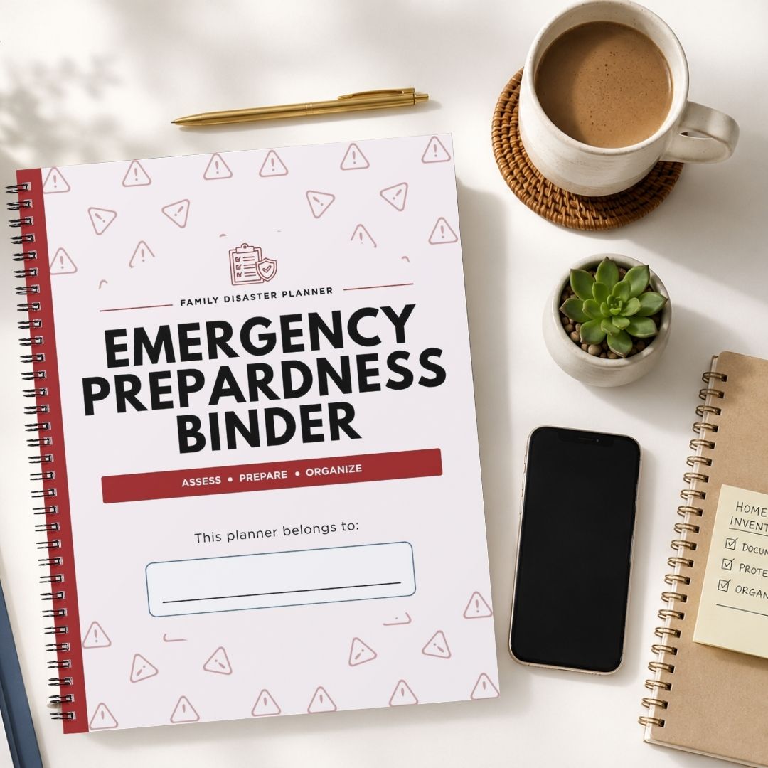 A spiral-bound emergency preparedness binder planner is shown in a styled flat-lay arrangement on a white desk, surrounded by a coffee cup, a pen, a small succulent, a smartphone, and another notebook.