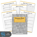 Emergency binder with various pre-filled pages on a white background