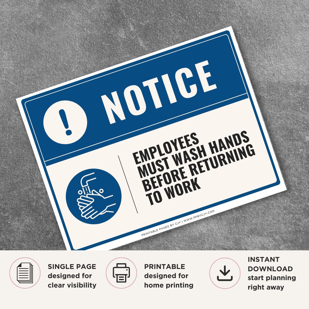 Printable Employees Must Wash Hands Before Returning to Work Sign for restaurants, commercial kitchens, food service, healthcare facilities, schools, and workplaces. Professional hygiene reminder sign.