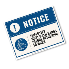 A rectangular handwashing notice sign with a blue header and white body, featuring the word NOTICE, an exclamation mark, a handwashing icon, and the text 'Employees must wash hands before returning to work.'.