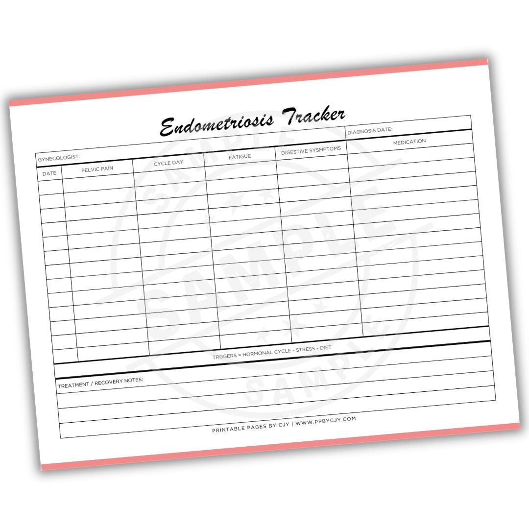 Endometriosis tracker sheet with columns for symptoms, cycle dates, and medication on a white background.