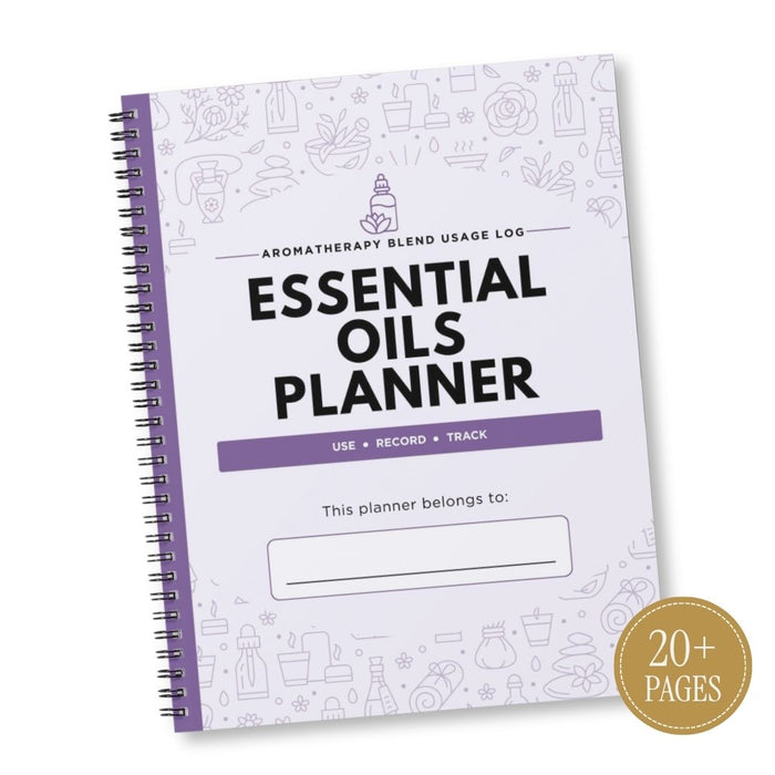 A spiral-bound 'Essential Oils Planner' with a white cover decorated with light purple line drawings of aromatherapy tools and a purple title banner. A gold circular badge in the bottom right corner reads '20+ PAGES'.