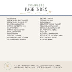 A digital preview of a complete page index for an essential oil and diffuser planner, featuring a bulleted list of included pages on a light beige background with a thin blue horizontal line.