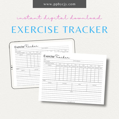 Exercise Tracker Printable PDF Template for tracking workouts, sets, reps, and fitness progress
