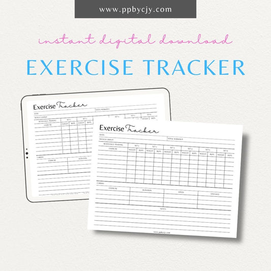 Exercise Tracker Printable PDF Template for tracking workouts, sets, reps, and fitness progress
