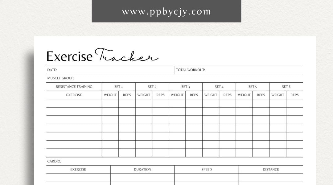 Exercise Tracker Printable PDF Template for tracking workouts, sets, reps, and fitness progress

