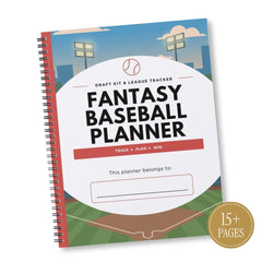 A spiral-bound fantasy baseball planner shown at an angle on a white background. The cover features a baseball field illustration with a large white oval containing the text 'FANTASY BASEBALL PLANNER' and a gold circular badge in the lower right that reads '15+ PAGES'.