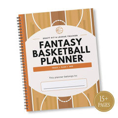 A spiral-bound Fantasy Basketball Planner shown at an angle on a white background. The cover features a basketball court design in brown and beige tones with a large white oval in the center containing the title 'FANTASY BASKETBALL PLANNER' and a line for 'This planner belongs to:'.