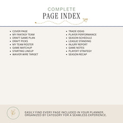 A digital preview of a 'Complete Page Index' for a fantasy gaming planner, showing a detailed list of page titles organized in two columns on a light beige background.
