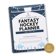 A spiral-bound Fantasy Hockey Planner notebook shown at an angle on a white background. The cover features a navy blue and white hockey stadium design with the text 'FANTASY HOCKEY PLANNER' and a gold circular badge in the bottom right corner that reads '15+ PAGES'.