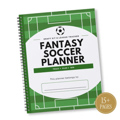 A spiral-bound Fantasy Soccer Planner with a green soccer field design and a large white oval cover area. The cover reads 'FANTASY SOCCER PLANNER' and includes a small '15+ PAGES' badge in the lower right corner.