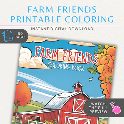 Farm Friends 50 Printable Coloring Pages featuring farm animals like cows, pigs, and chickens, ideal for kids and adults who love farm life and coloring.
