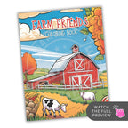 Coloring book cover titled 'Farm Friends' with a red barn and cows on a white background.