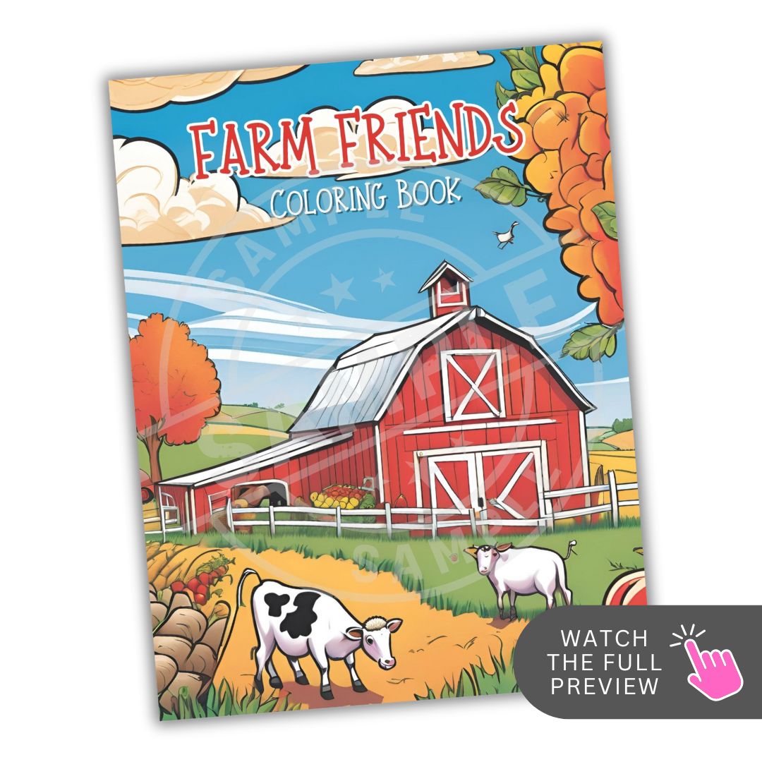 Coloring book cover titled 'Farm Friends' with a red barn and cows on a white background.